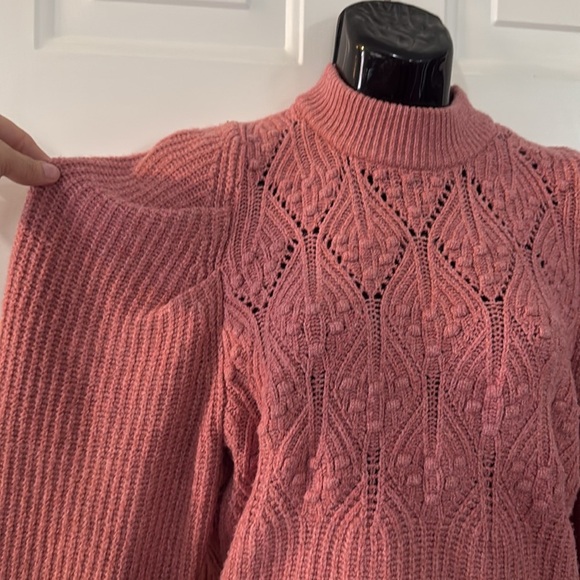 A New Day Puff Sleeve Sweater Dusty Rose Pink Crochet 100% Recycled Size Small - Picture 3 of 7